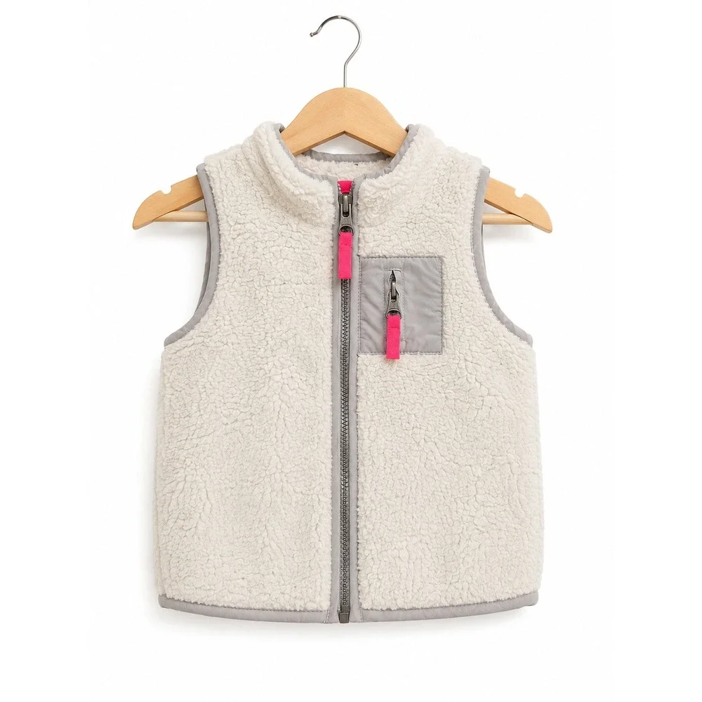 Carter's Baby Sherpa Fleece Vest Gray White Neon Pink Zip Up Cozy 9 Months